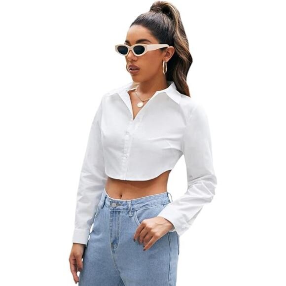 Women's Casual Button Down Long Sleeve Curved Hem Blouse Crop Tops - Picture 7 of 7